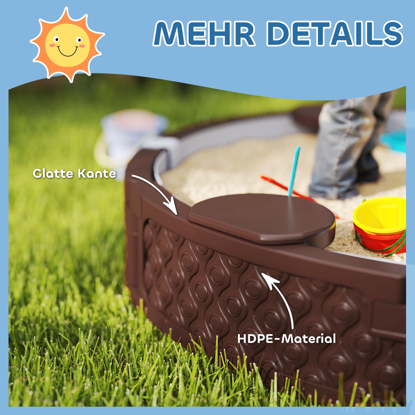 AIYAPLAY Sandkasten, Runde Sandkiste für bis zu 3 Kinder, mit 3 Sitzen, wasserfeste Unterlage, Schutzplane, 300 kg Sand