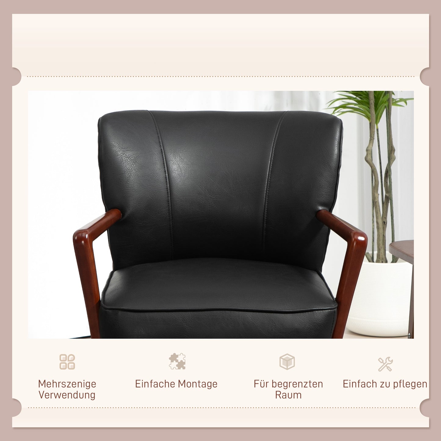 HOMCOM Akzentsessel, breiter Sitz, Lederoptik, Holzrahmen, bis 120 kg, 67x77x80 cm, Schwarz