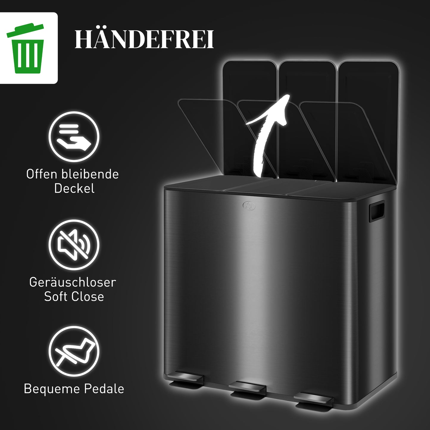 HOMCOM Mülleimer mit 3 x 20 L Fächern, Deodorant-Deckel, fingerabdrucksicher, Soft-Close, herausnehmbar, Schwarz