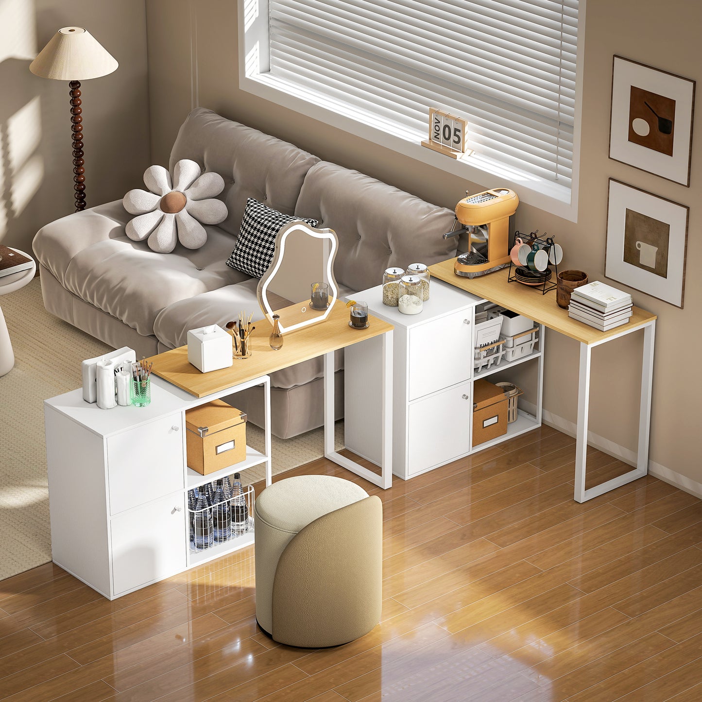 HOMCOM Schreibtisch L-förmig, 360° drehbarer Eckschreibtisch mit 2 Lagerschränken, 2 offenen Regalen, Computertisch für kleine Räume, Arbeitszimmer, Wohnzimmer, 150x40x75 cm, Weiß