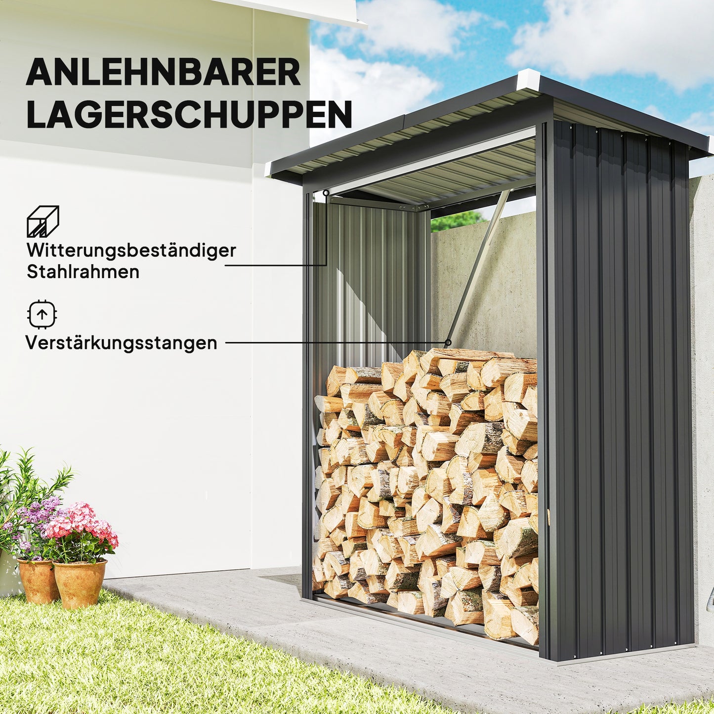 Outsunny Brennholzschuppen, Feuerholzunterstand, Stahl, erhöhter Boden, Schrägdach, 150 x 66,5 x 150 cm, Dunkelgrau