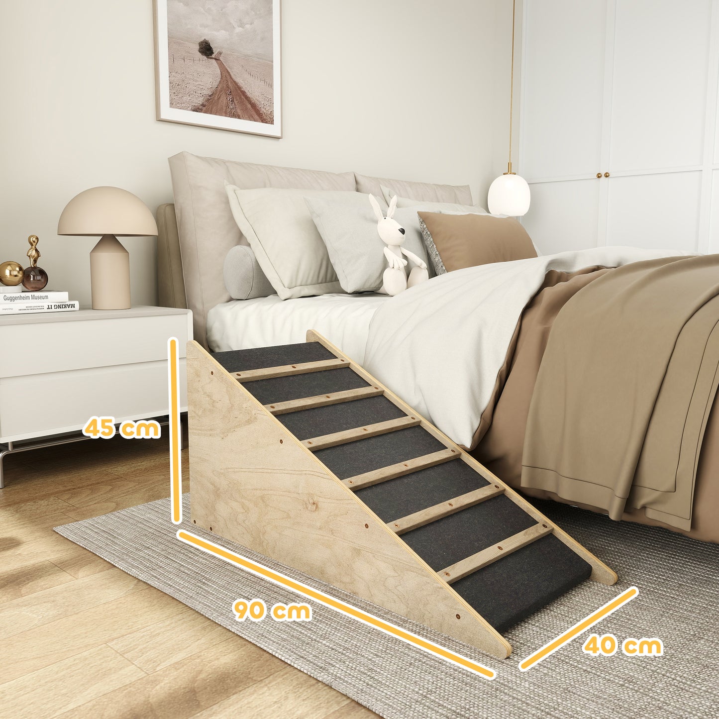 PawHut Haustiertreppe, Hundetreppe, Kiefernholz, Anti-Rutsch-Beschichtung, 90 cm x 40 cm x 45 cm, Natur + Grau