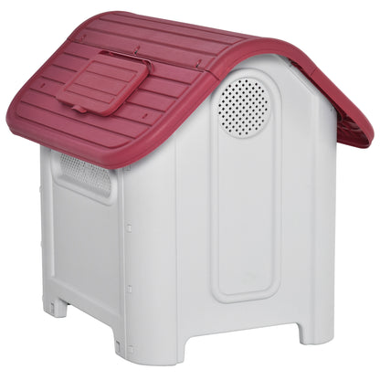 PawHut Hundehütte Outdoor Hundehaus mit Dachluke Tor Unterschlupf für kleine Hunde Kleintierstall Luftzirkulation wasserdicht Metall Kunststoff Rot+Hellgrau 59 x 75 x 66 cm