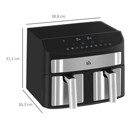 HOMCOM Heißluftfritteuse Multifunktionale Heißluftfritteuse, 8 L Fassungsvermögen, 2 Körbe, 60 min Time, Silber + Schwarz