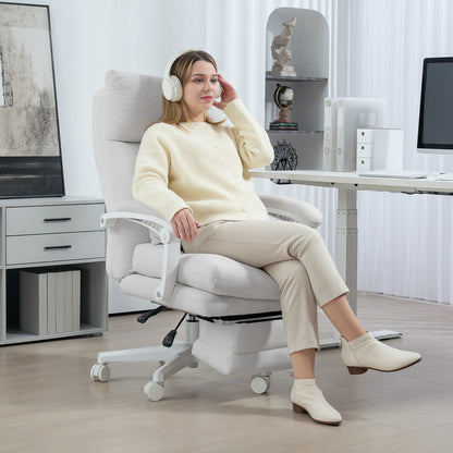 HOMCOM Rollsessel, Leinenoptik, höhenverstellbar, 160 Grad neigbar, Fußstütze, Cremeweiß