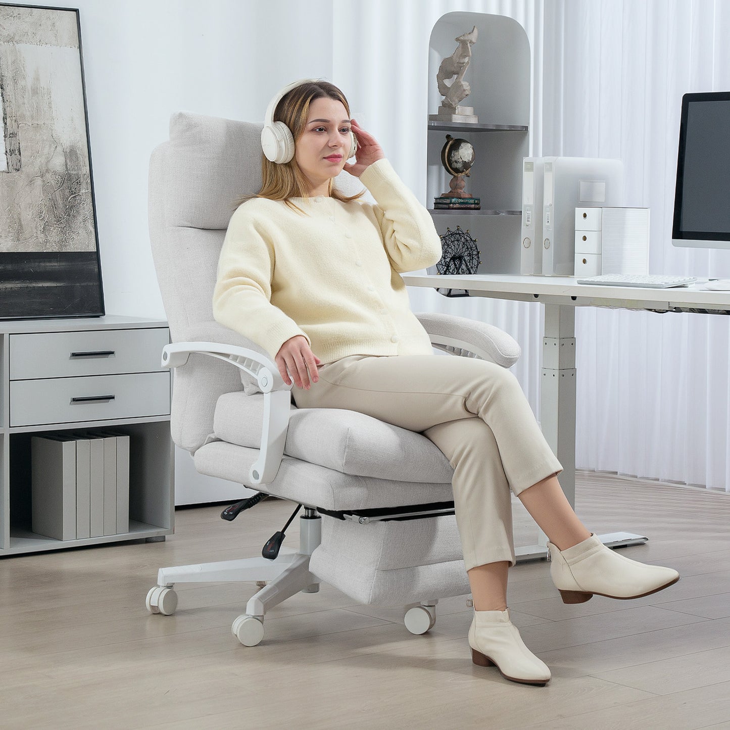 HOMCOM Rollsessel, Leinenoptik, höhenverstellbar, 160 Grad neigbar, Fußstütze, Cremeweiß