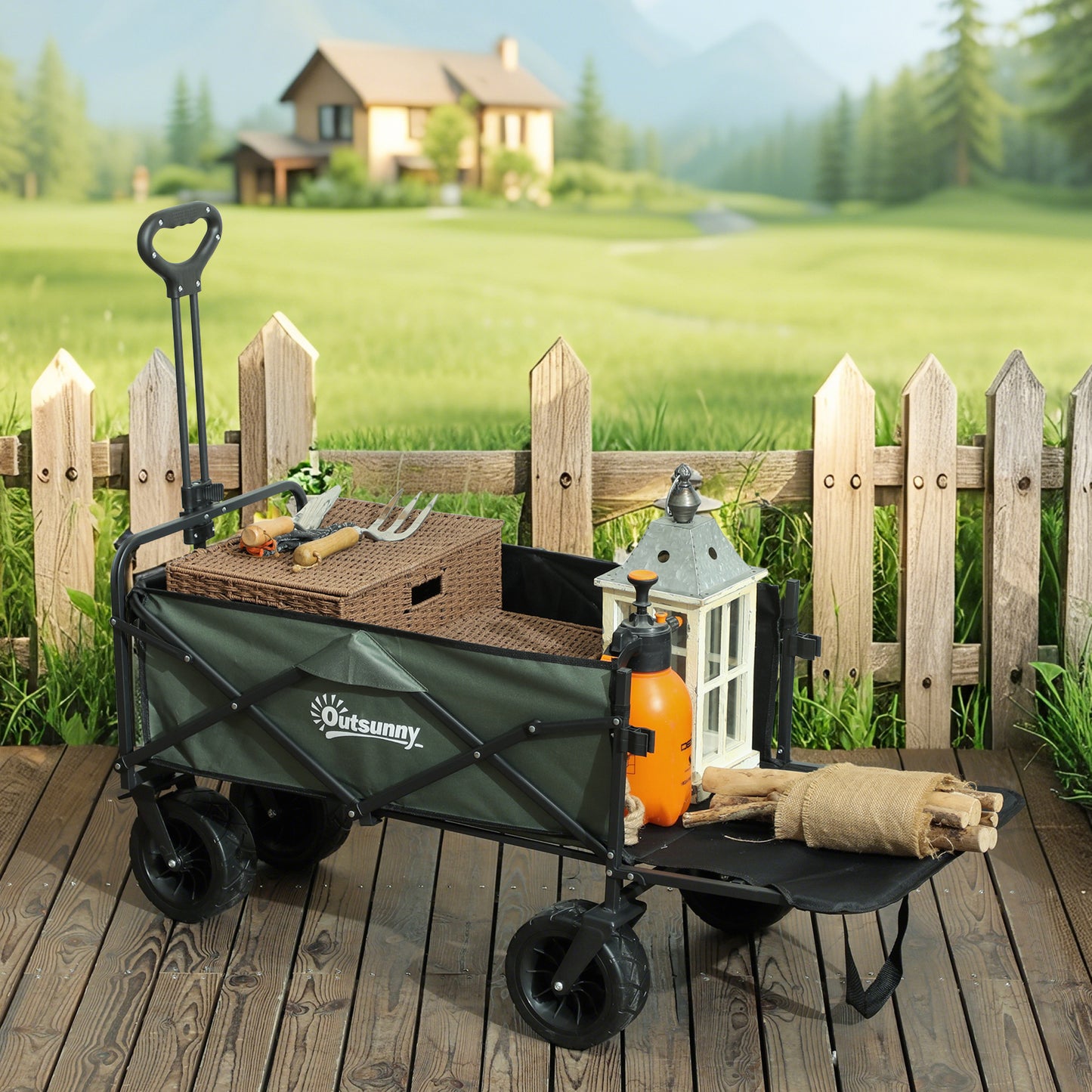 Outsunny Gartenwagen 120 kg belastbar, klappbar Transportwagen mit herausnehmbare Plane, Griff, Rädern 95 Liter Grün