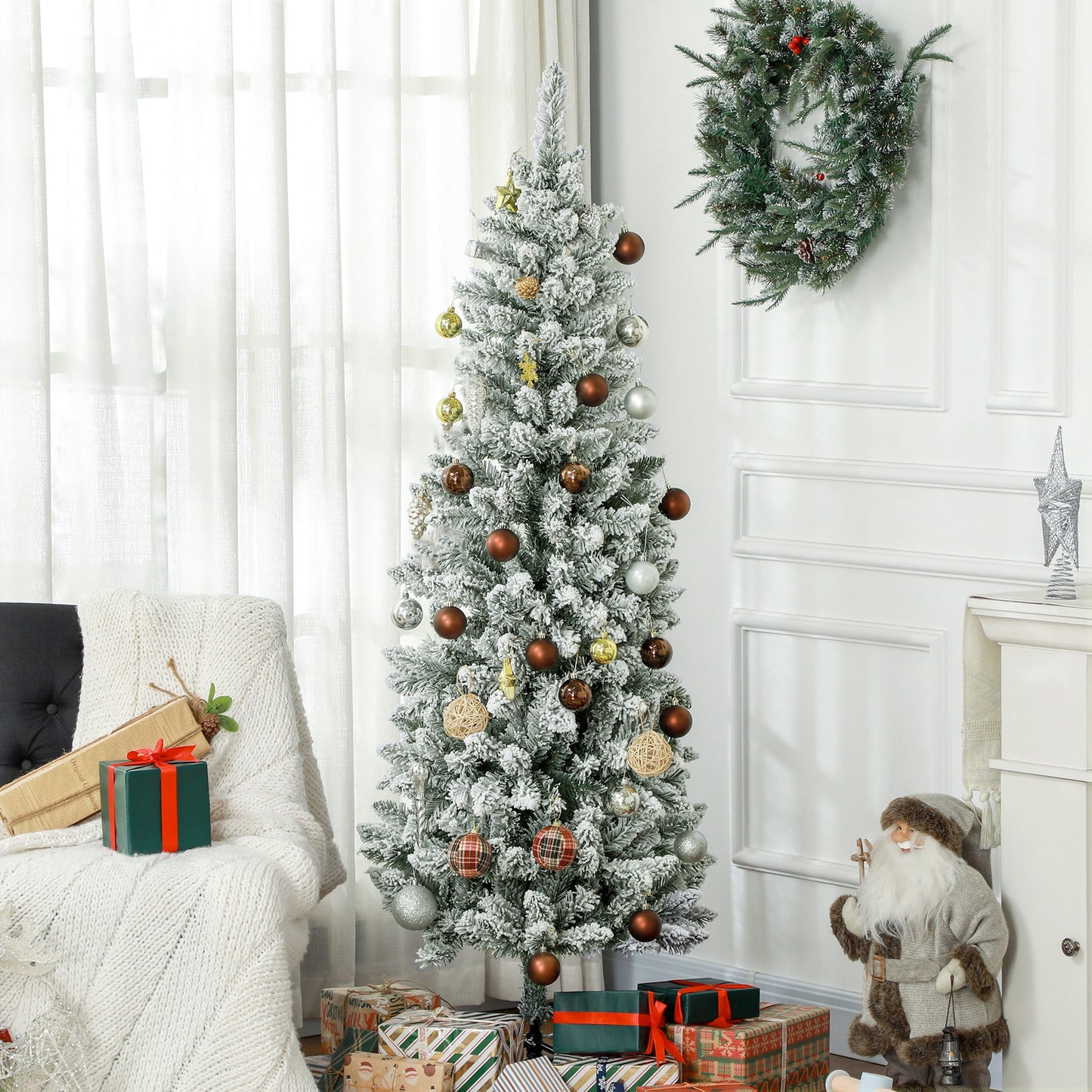 HOMCOM Künstlicher Weihnachtsbaum, schlanke Form, Kunstschnee, dreiteilig, flammhemmend, Metallfuß, 183 cm, Grün