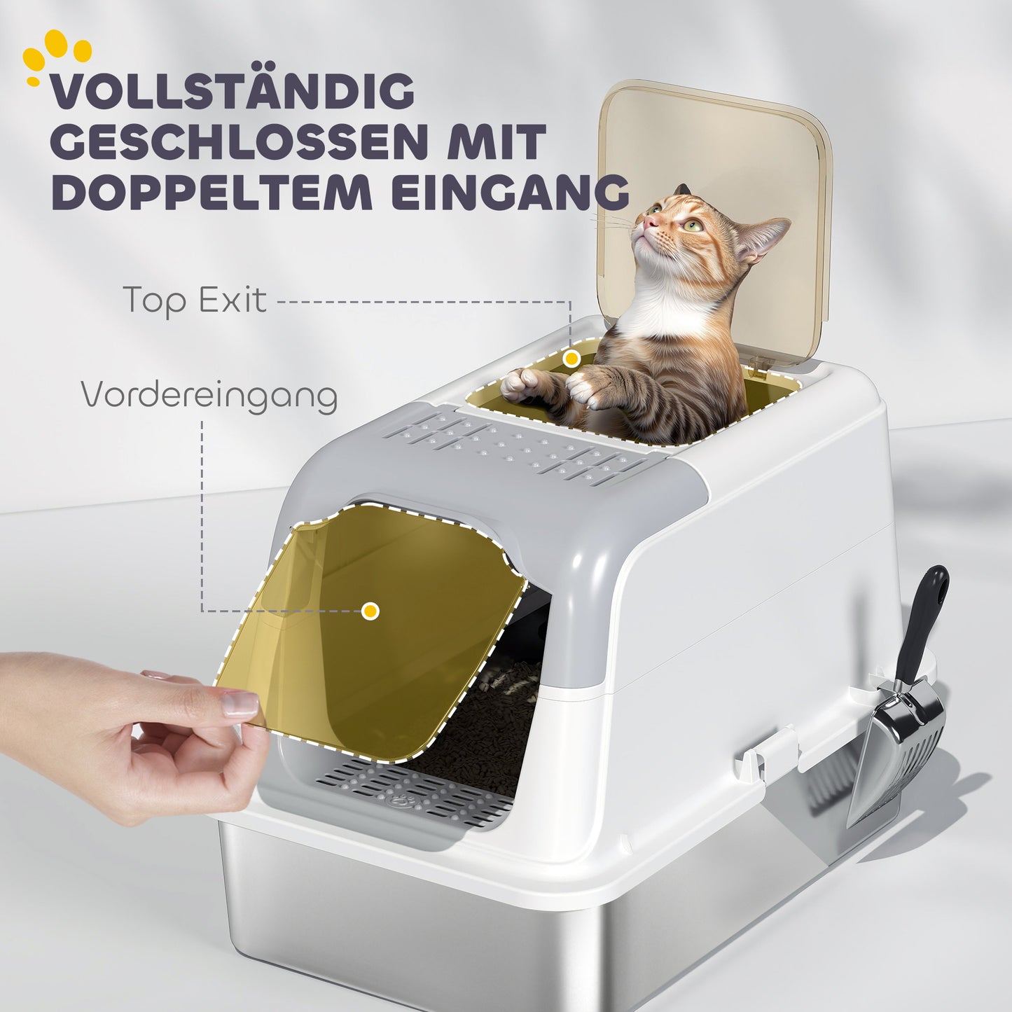 PawHut Katzenklo, Katzentoilette mit Deckel, Streuschaufel, vorne Eingang und ober Ausgang Edelstahl bis 7 kg