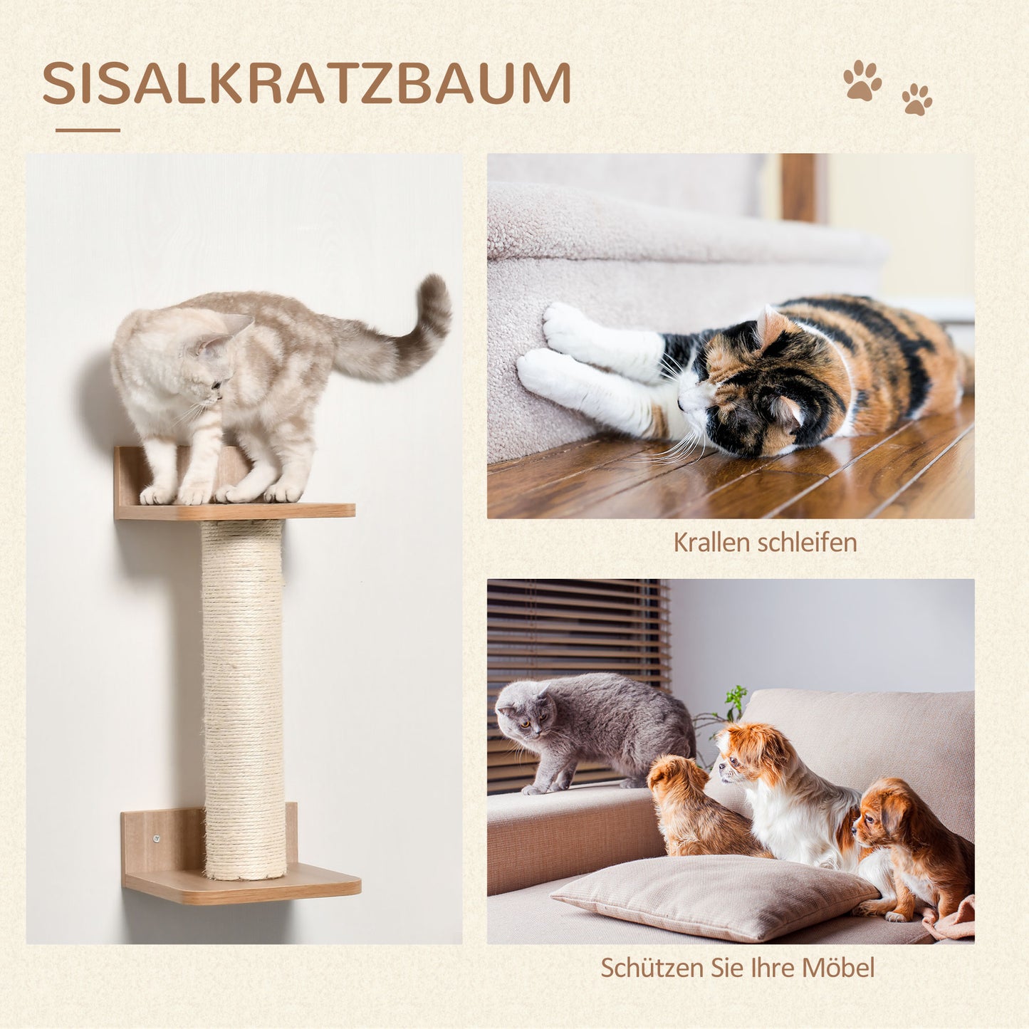 PawHut 4tlg. Kletterwand für Katzen Katzenkletterwand mit Kratzbaum Katzentreppe Katzenmöbel Hängematte Hellbraun Sisal Acryl Kiefer