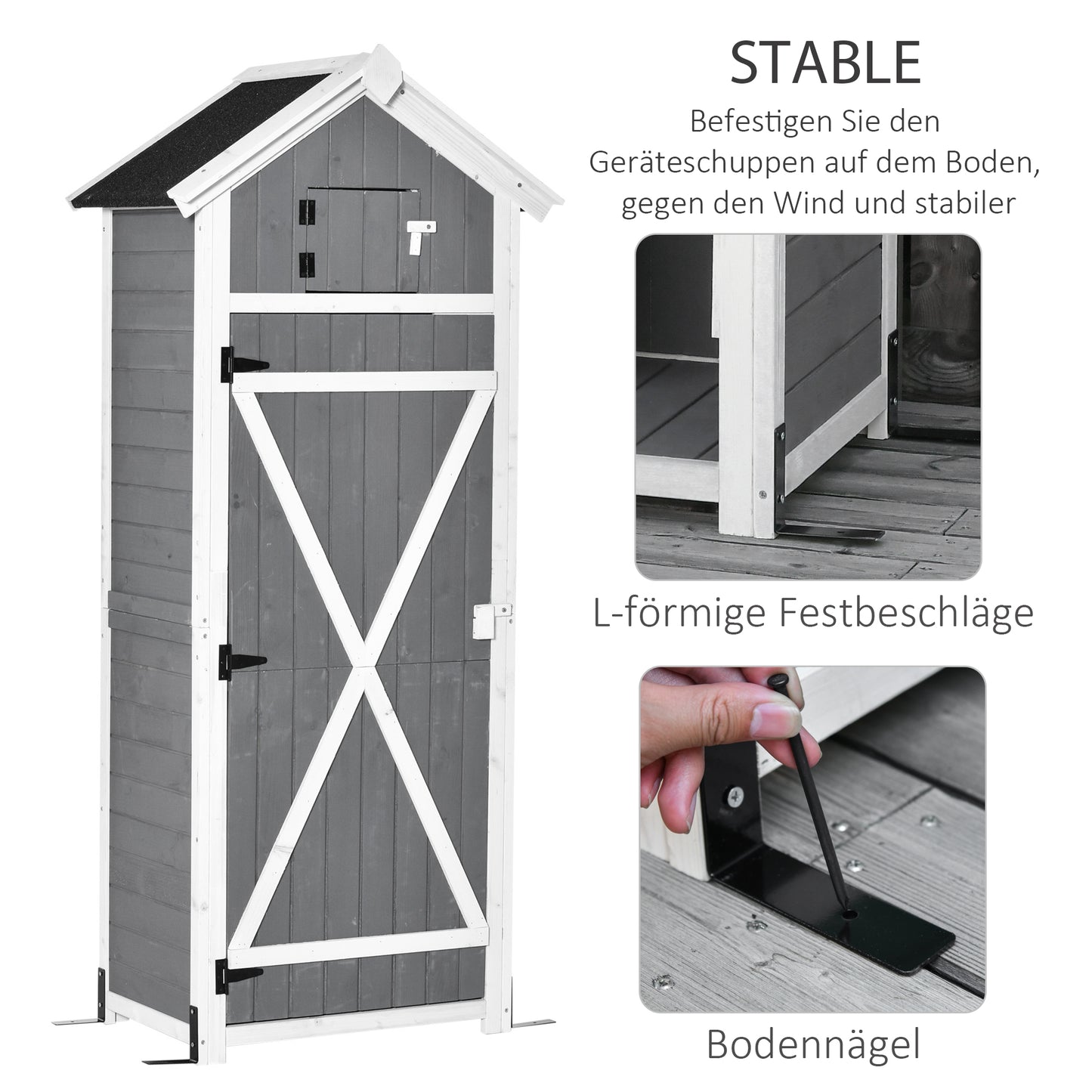 Outsunny Gartenschrank Holz, Geräteschuppen wetterfest 78x52,5x182cm, Gerätehaus mit Tür, Satteldach, Geräteschrank mit Haken, faltbar Tisch, Werkzeugschrank Gartenschuppen für Garten, Terrasse, Grau