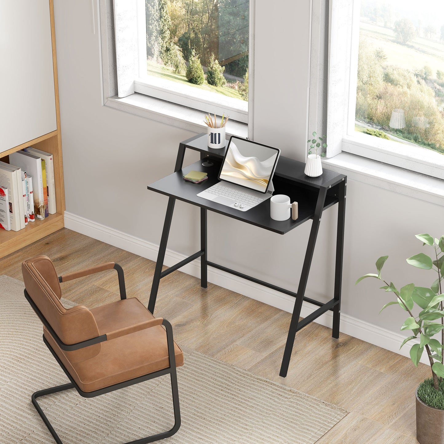 HOMCOM Schreibtisch, Computertisch mit Ablage und Kabel Management, moderner Schreibtisch mit Metallgestell für Arbeitszimmer, Schlafzimmer, Home Office, 84 x 45 x 85 cm, Schwarz