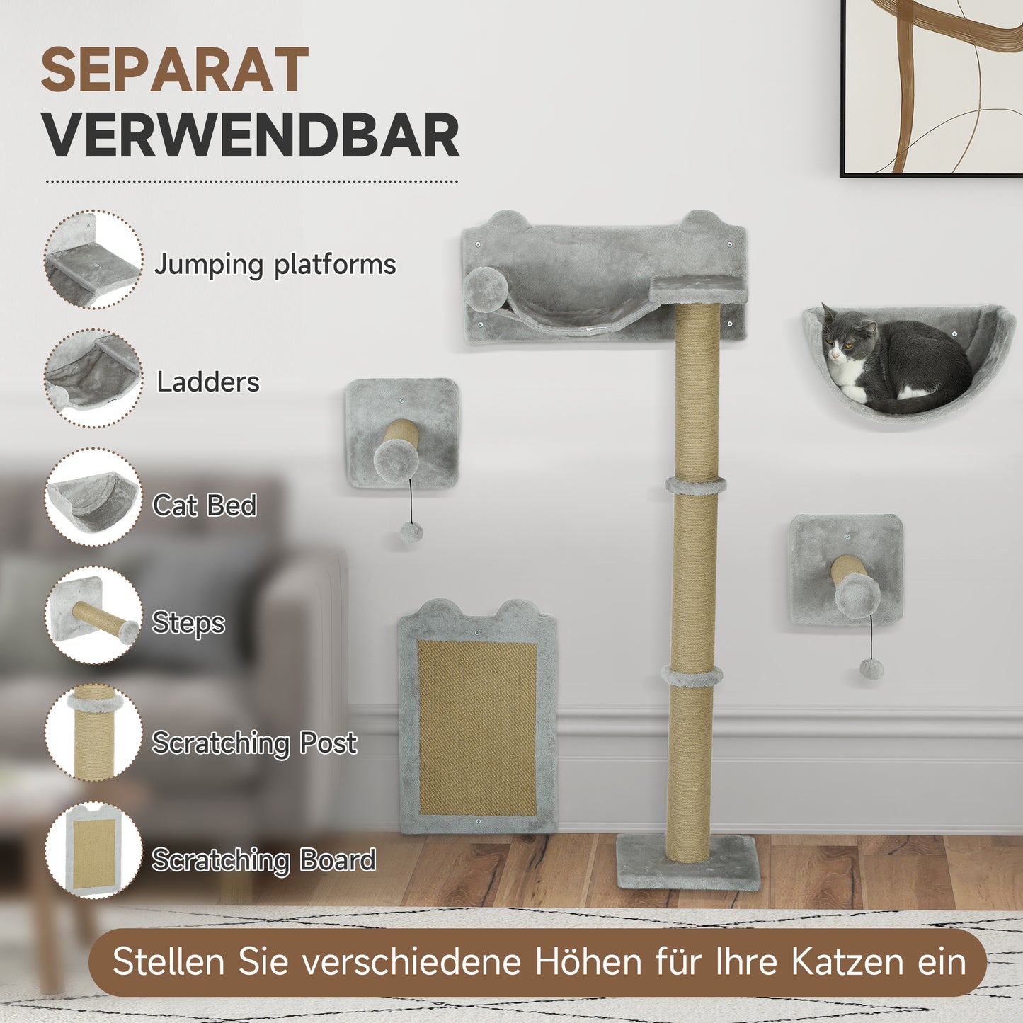 PawHut 5-teiliges wandmontiertes Kletterset für Hauskatzen mit Kratzpfosten, Kratzmatte, Katzenbett, Spielzeugbällen, Hellgrau