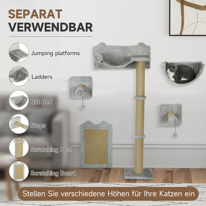 PawHut 5-teiliges wandmontiertes Kletterset für Hauskatzen mit Kratzpfosten, Kratzmatte, Katzenbett, Spielzeugbällen, Hellgrau