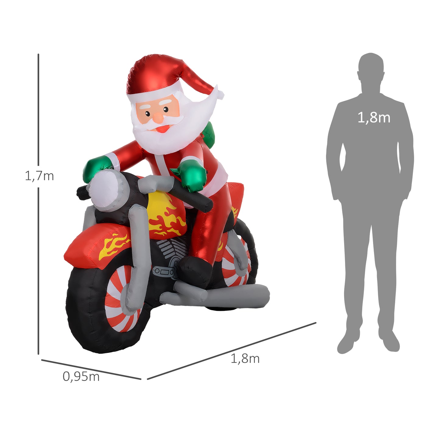 Outsunny Weihnachtsmann auf Motorrad, Gartendeko, LEDs, aufblasbar, wetterfest, 180 x 95 x 170 cm