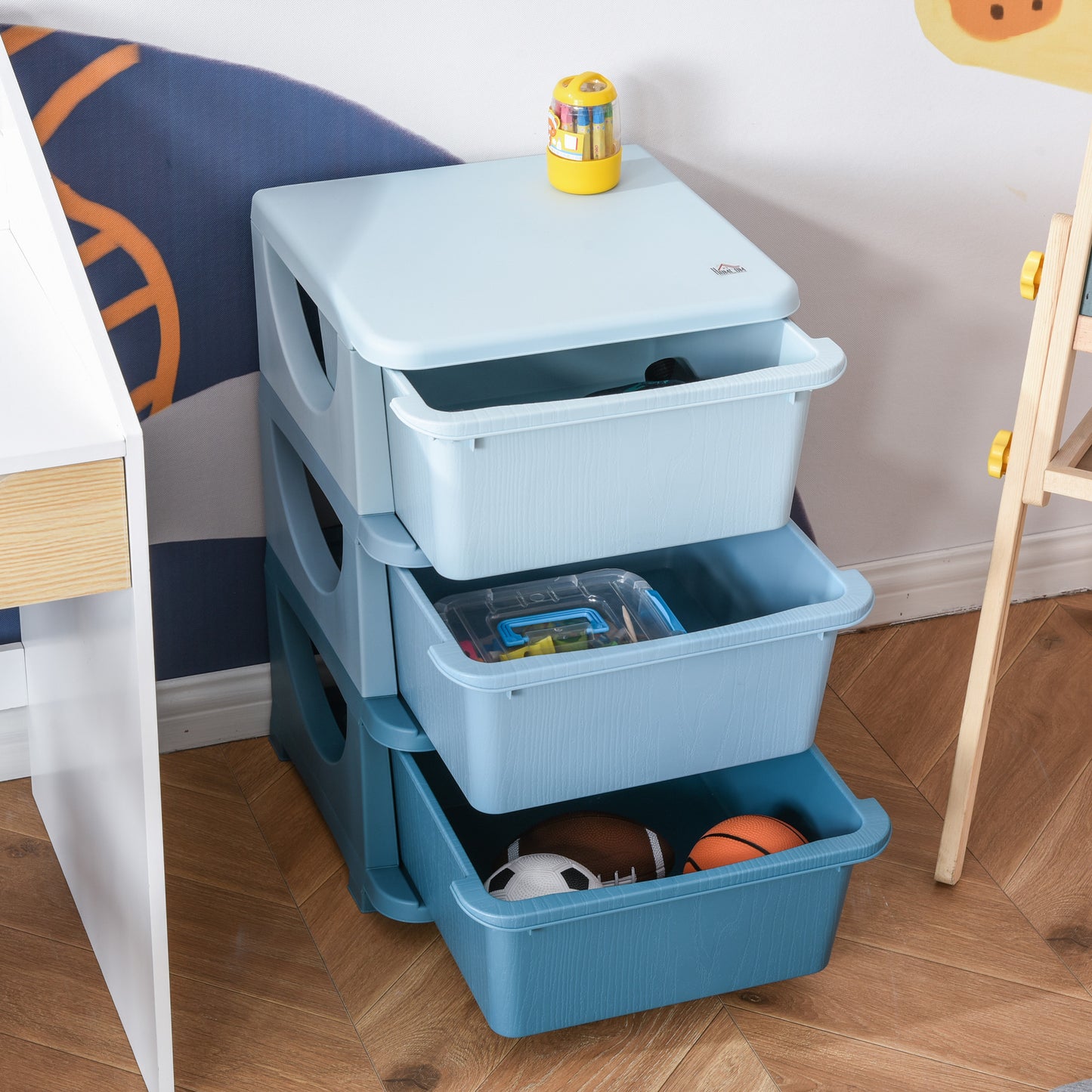 HOMCOM Aufbewahrungsboxen für Kinder, 3 Schubladen, abgerundete Kanten, erhöhtes Design, 37x37x56,5 cm, Blau