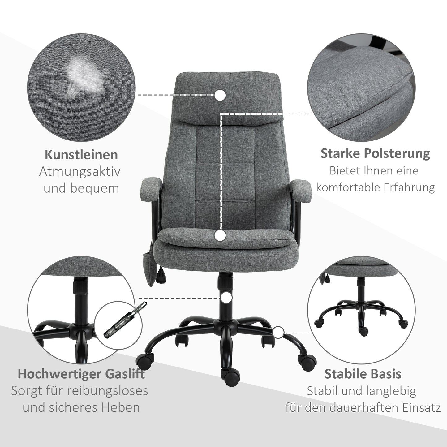 Vinsetto Bürostuhl Massage höhenverstellbarer Chefsessel Gamingstuhl mit Massagefunktion, ergonomischer Drehstuhl Massage Sessel Lendenwirbelsäulenmassage Leinen-Gefühl Grau 63 x 70 x 112-121 cm