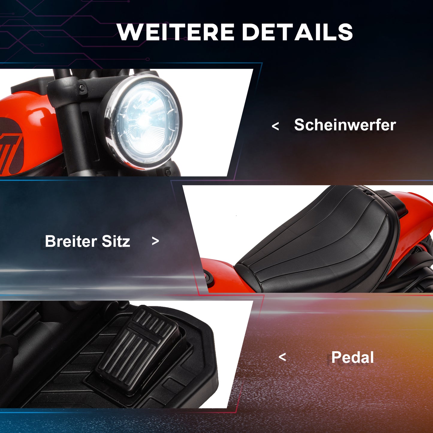 HOMCOM Elektro-Kindermotorrad mit Scheinwerfer, abnehmbare Stützräder, 76x42x57 cm, Rot/Schwarz