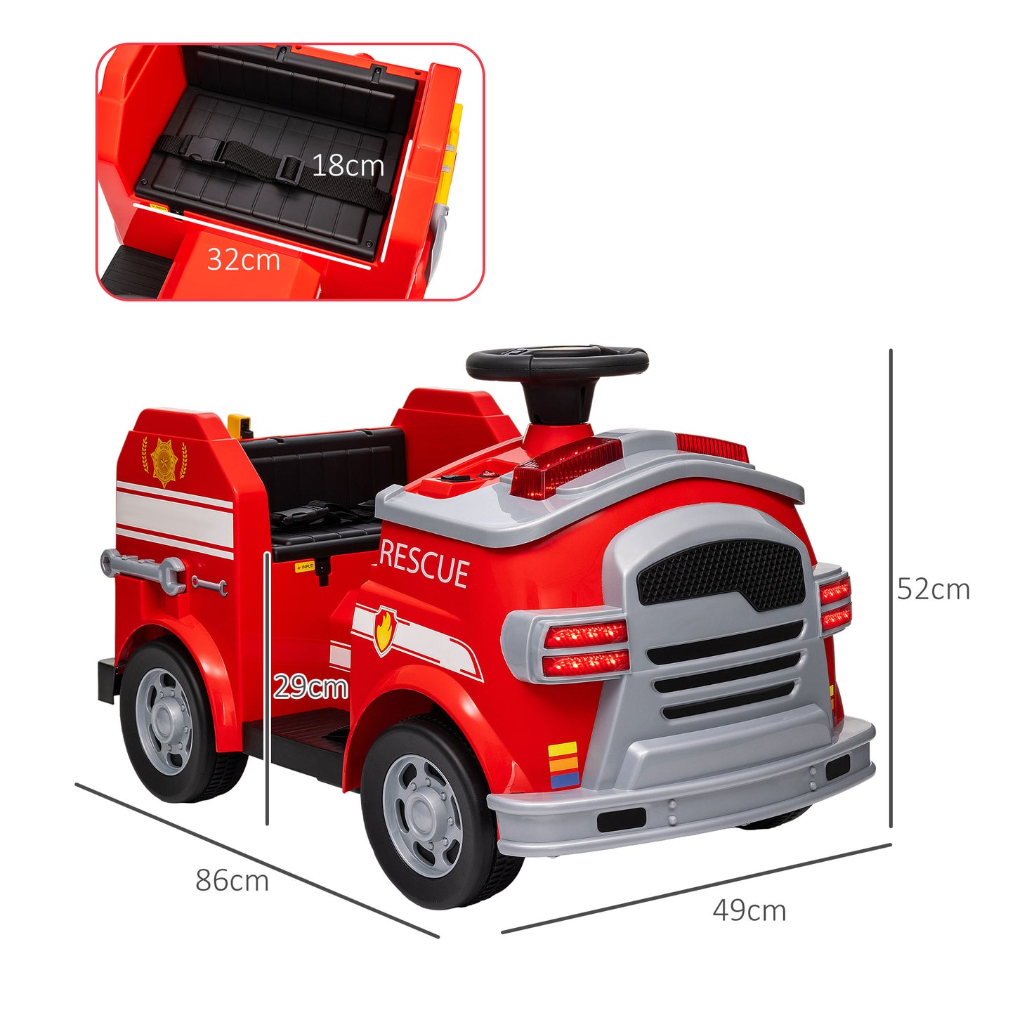 AIYAPLAY Feuerwehrauto, Elektro-Kinderauto, max. 3 km/h, Sirene, Blaulicht, Werkzeuge, für Kinder 3-5 Jahre