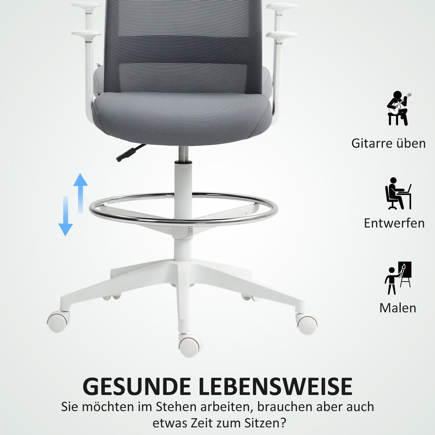 HOMCOM Schreibtischstuhl, drehbar, rollbar, Netzrücken, Schaumstoffkissen, Grau