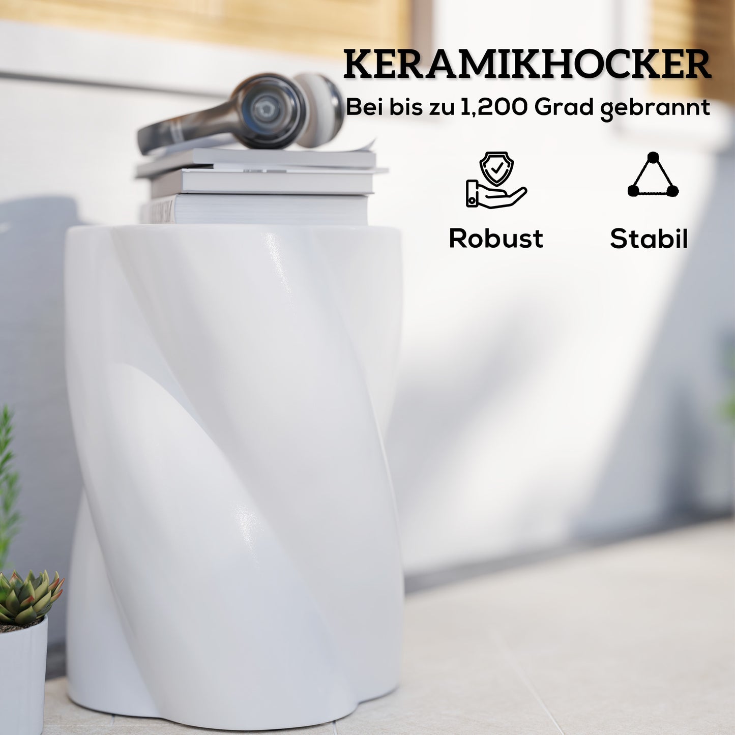 Outsunny Sitzhocker aus Keramik in Spiralform 120kg belastbar Ø33 x 45 cm Wetterfest Garten Hocker mit Deckel Weiß