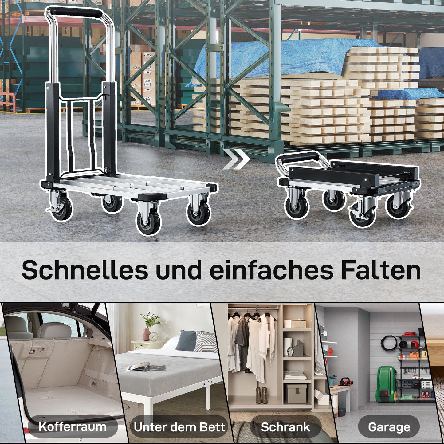 HOMCOM Faltbarer Handwagen, 150 kg Belastbarkeit, erweiterbare Fläche, höhenverstellbarer Griff, für Kisten, Metall, Schwarz