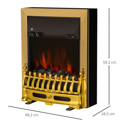 HOMCOM Elektrokamin mit Heizung, elektrischer Kamin mit LED Flammeneffekt, 1000/2000W Dekokamin, elektrisch Kaminfeuer Kaminofen, Gold