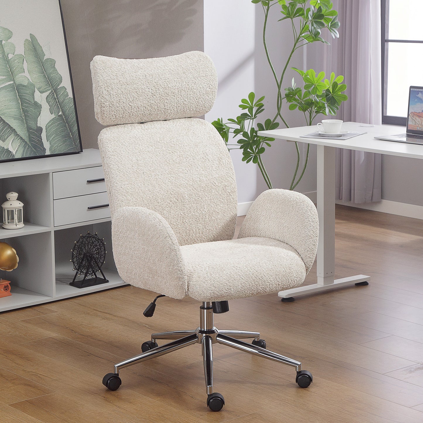 HOMCOM Bürostuhl mit verstellbarer Kopfstütze, ergonomischer Schreibtischstuhl, Kippfunktion, höhenverstellbar, Grauweiß