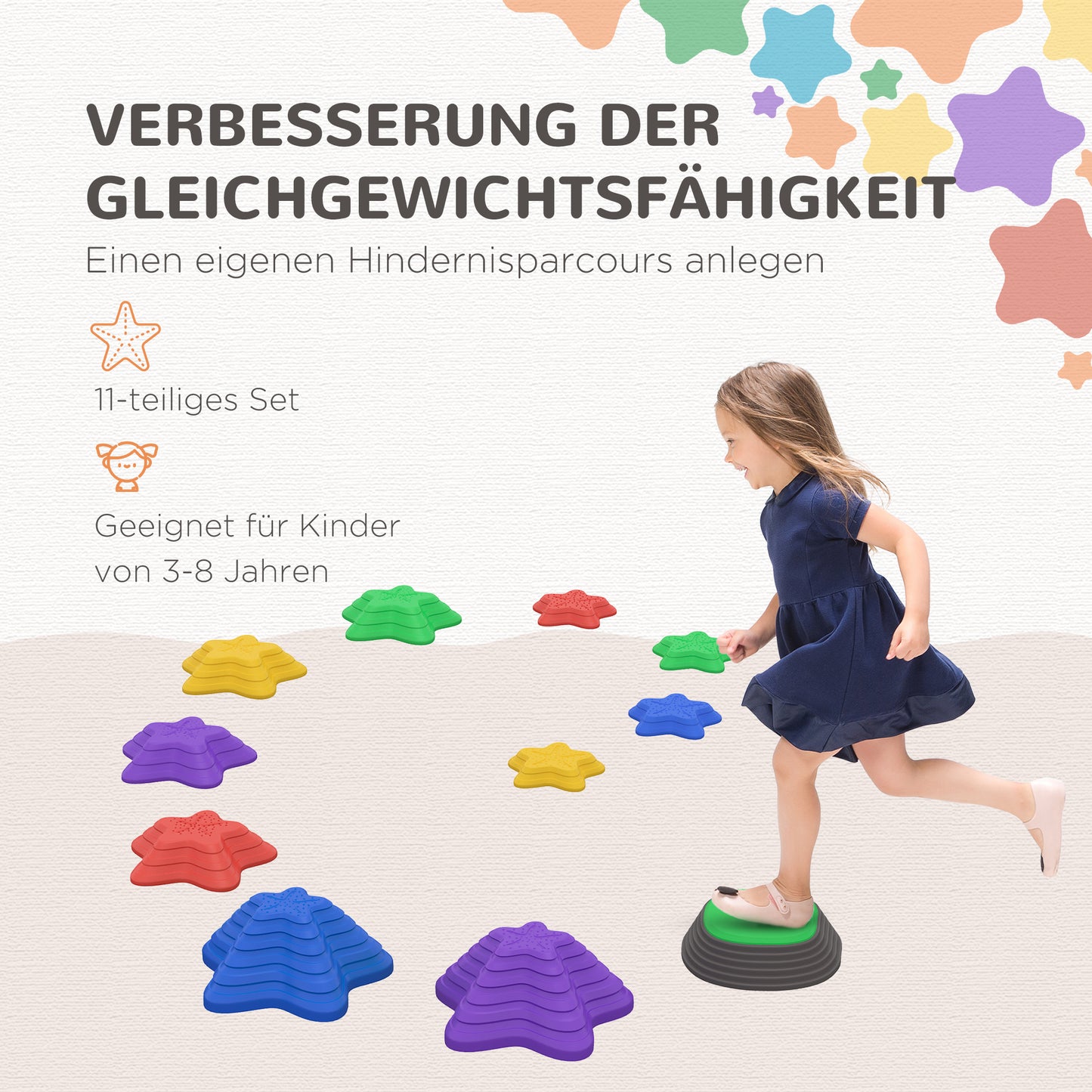 ZONEKIZ Trittsteine-Set für Kinder ab 3 Jahren, 11 Steine, rutschfest, bis 80 kg, Seestern-Design
