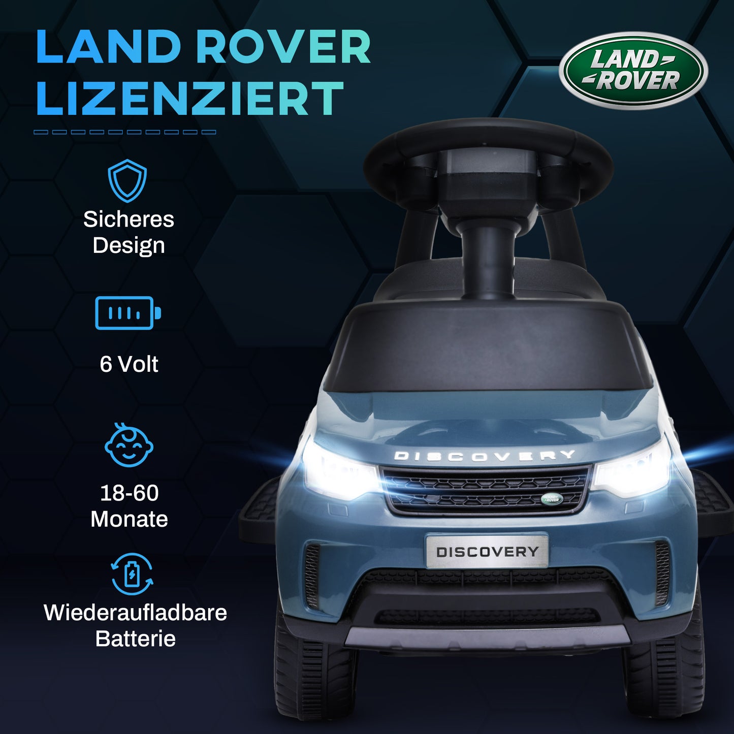 AIYAPLAY Elektro Kinderauto 6V, Land Rover, Fahr-/Schiebemodus, Scheinwerfer, Musik, Hellblau