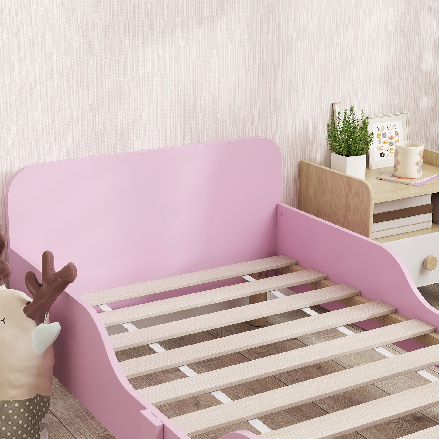AIYAPLAY Kinderbettgestell، Einzelbettrahmen für Kinder، Schutzgitter، Kleines Bett für Kinderzimmer، MDF، ohne Matratze، Rosa