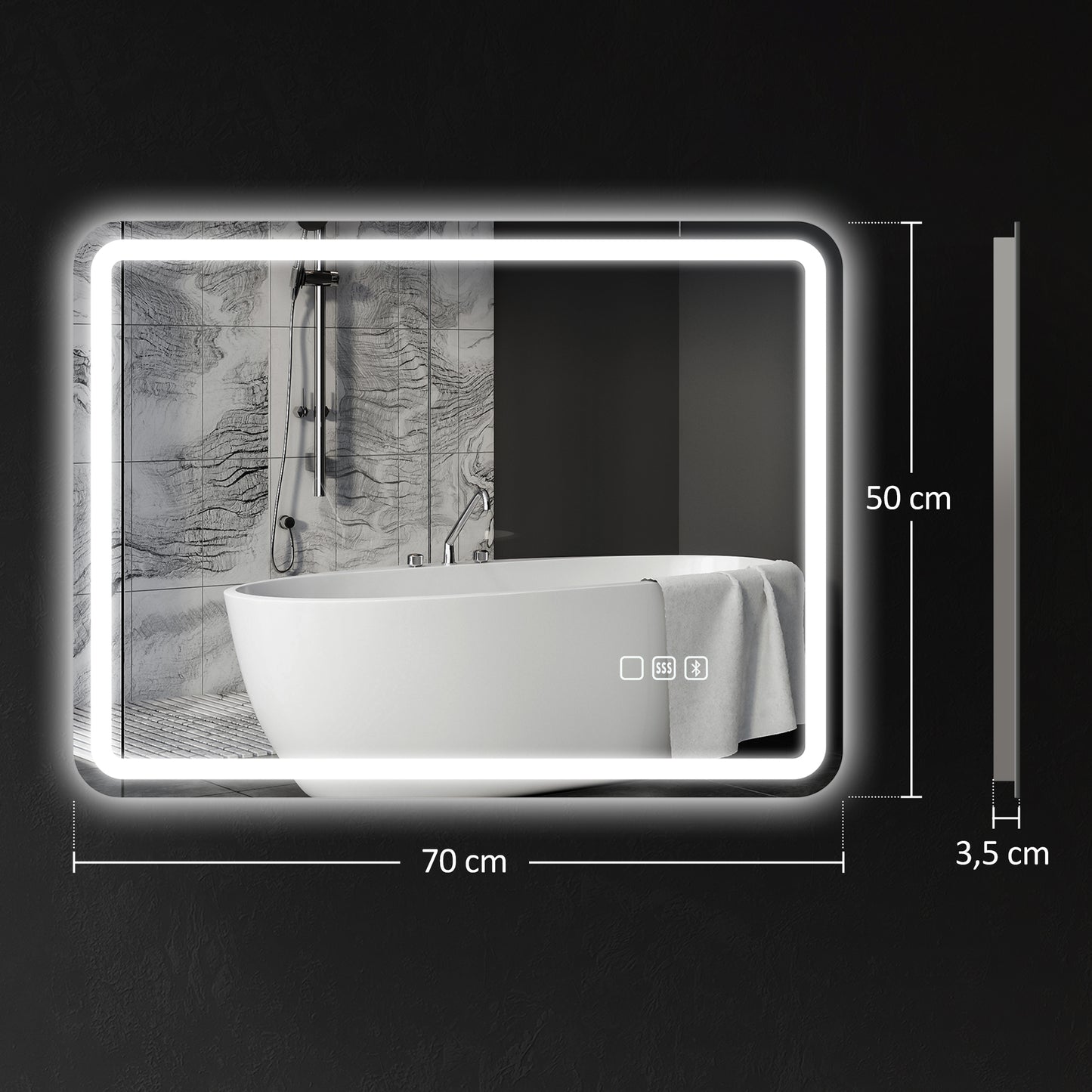 HOMCOM Badezimmerspiegel mit LED-Beleuchtung, Anti-Beschlags-Pad, 3 verstellbare Farben, Silberfarben