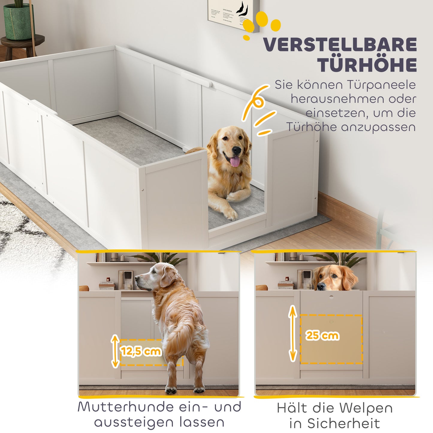 PawHut Hunde-Wurfbox für Hunde und Welpen, mit verstellbaren Eingängen, für große und kleine Hunde, 196 x 96 x 48 cm, Weiß