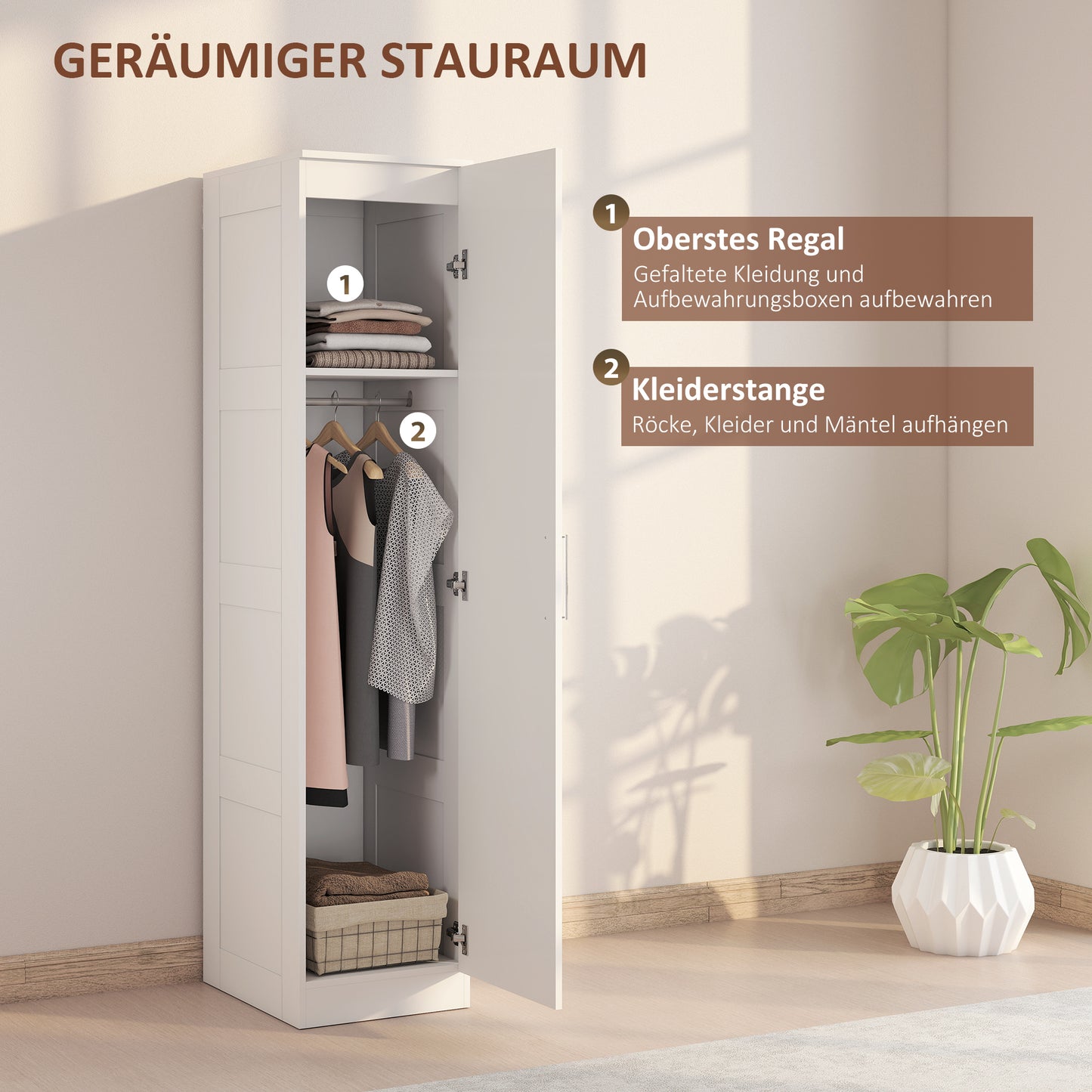 HOMCOM Kleiderschrank Mehrzweckschrank mit Kleiderstange, Regal, باب ناعم الإغلاق 40 x 52 x 180 cm Weiß