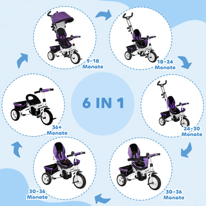HOMCOM 6-in-1 Kinderdreirad mit Schiebestange, Dach, Gurt, Ablagekorb, für 1-5 Jahre, Blau
