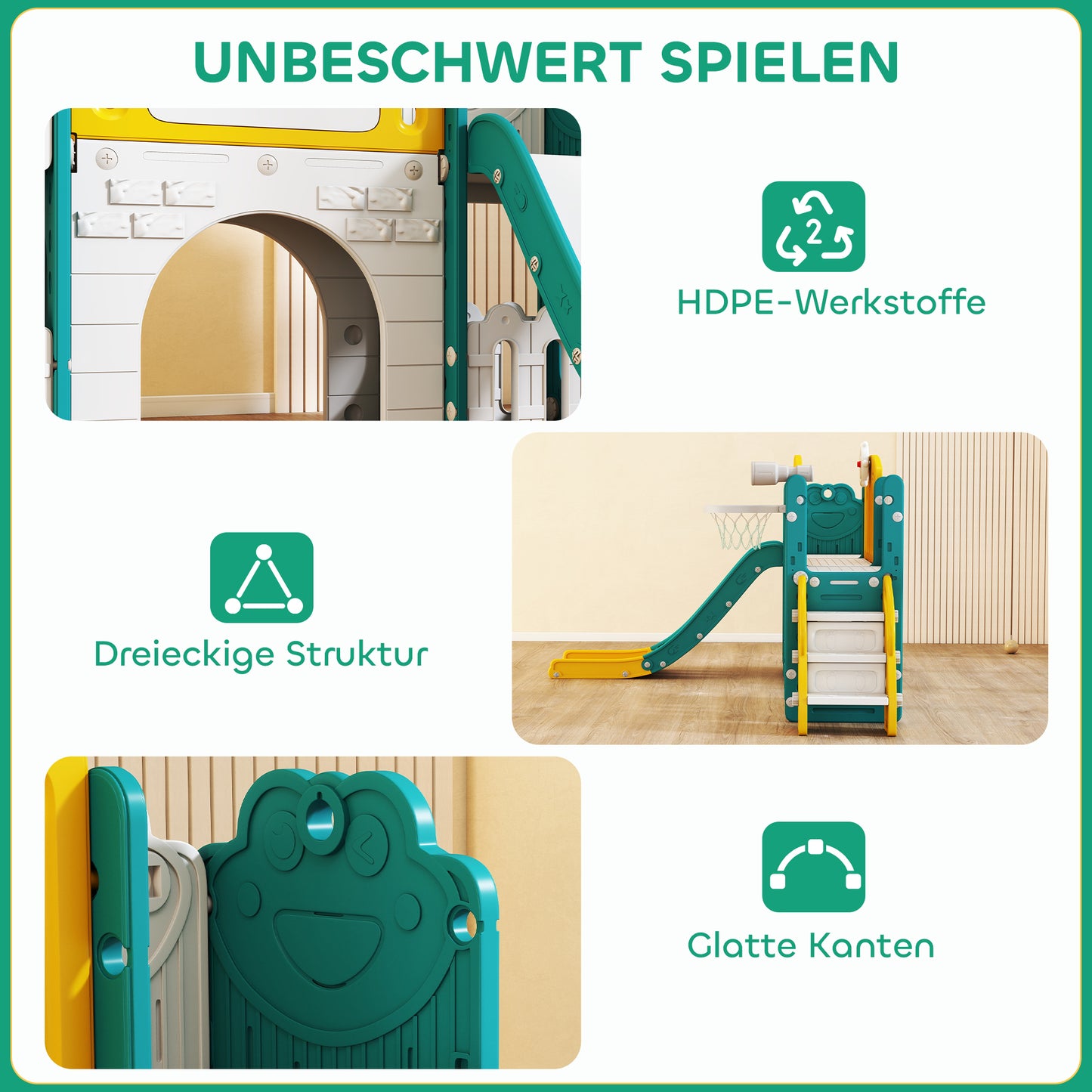 AIYAPLAY 7-in-1 Rutschenset für Kleinkinder, Basketballkorb, Froschdesign, Klettergerüst, Schaukelsitz, für drinnen und draußen, Gelb+Grün