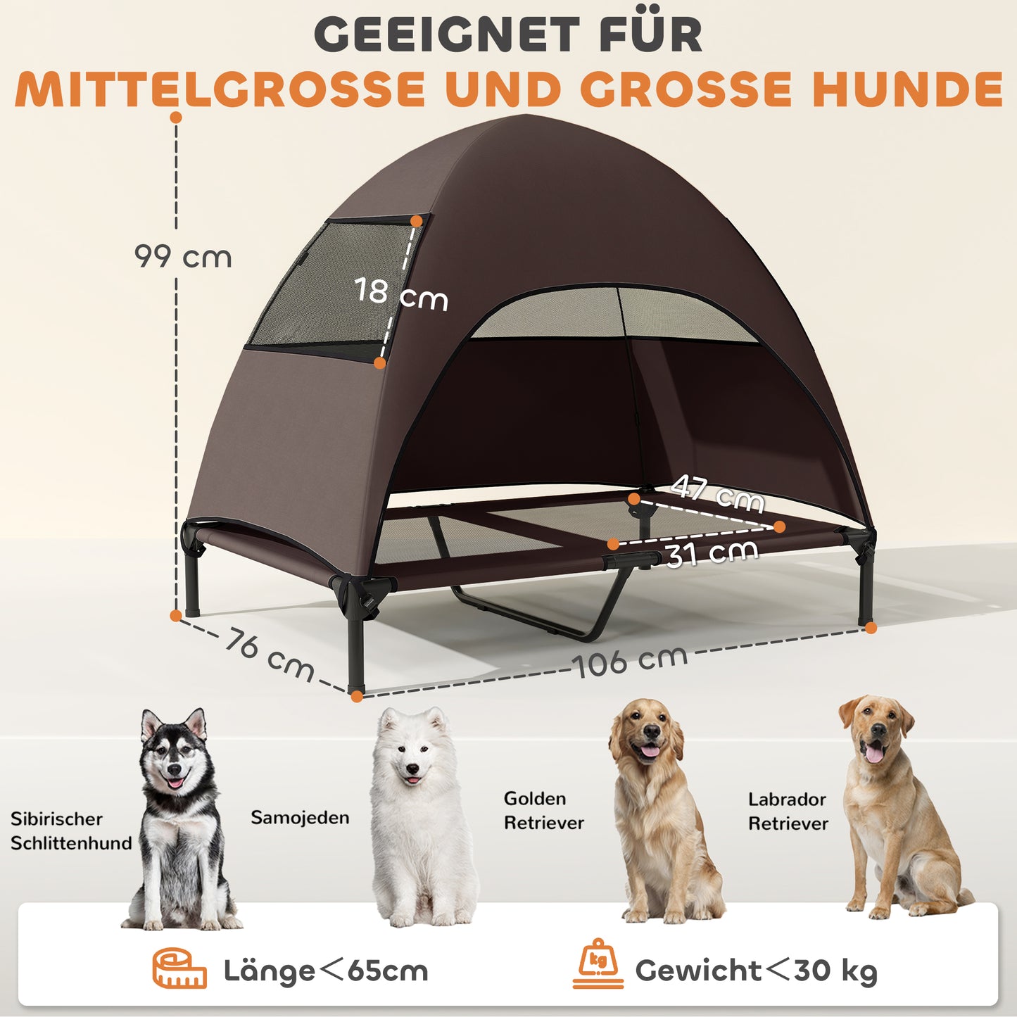 PawHut Hundeliege Outdoor mit Dach, Erhöhtes Hundebett für Große Hunde, 106 x 76 x 99 cm, Kaffee