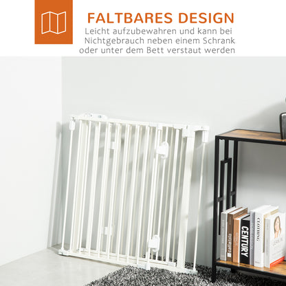 PawHut Hunde Absperrgitter Türschutzgitter Haustierschutzgitter verstellbar klappbar Kamingitter mit automatische schließenden Tür 3 Paneele für Ofen Wandmontage/Freistehend Weiß 202,5 x 76 cm