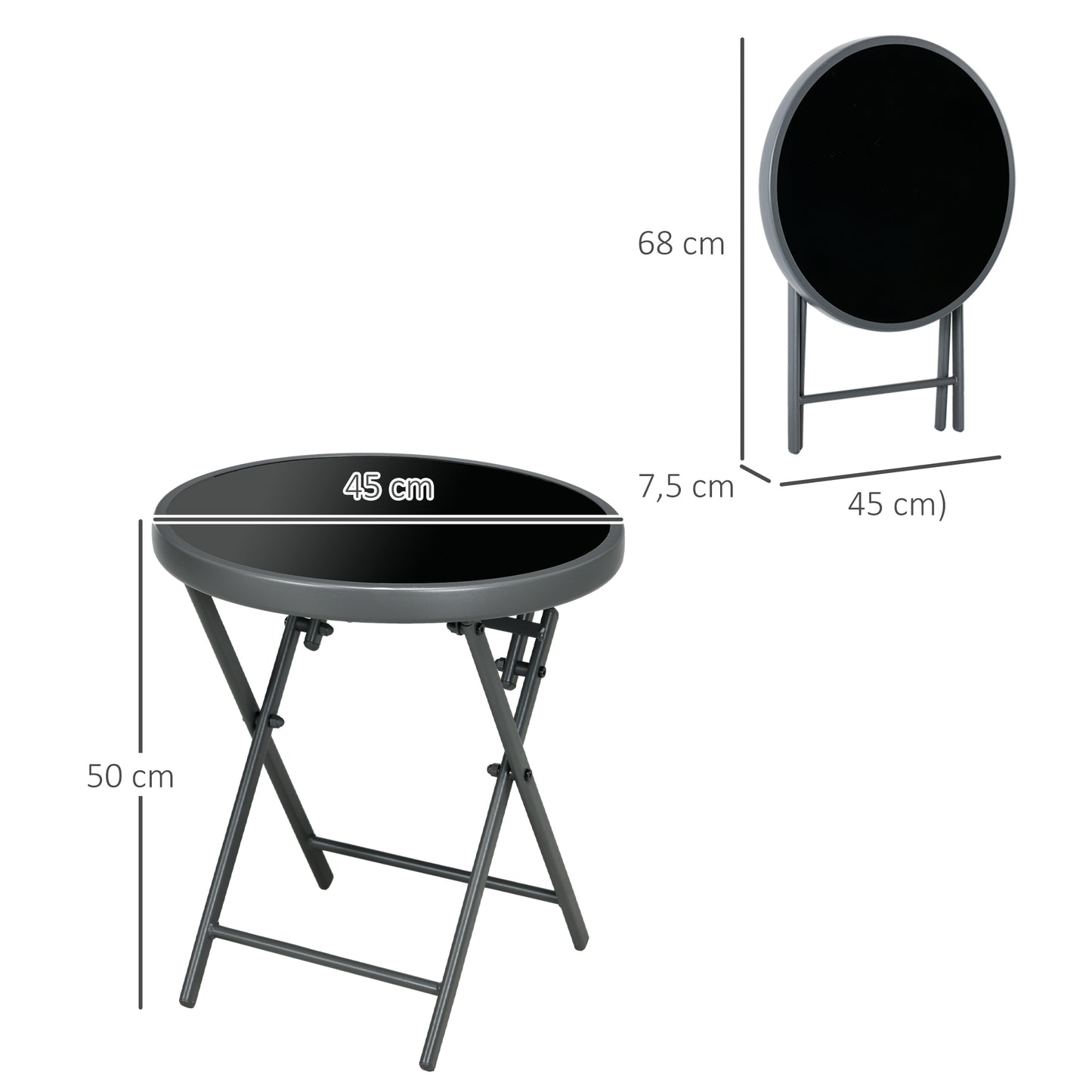 Outsunny Klappbarer Beistelltisch, Outdoor-Klapptisch, mit Tischplatte aus gehärtetem Glas, für Terrasse, 45 x 45 x 50 cm Schwarz
