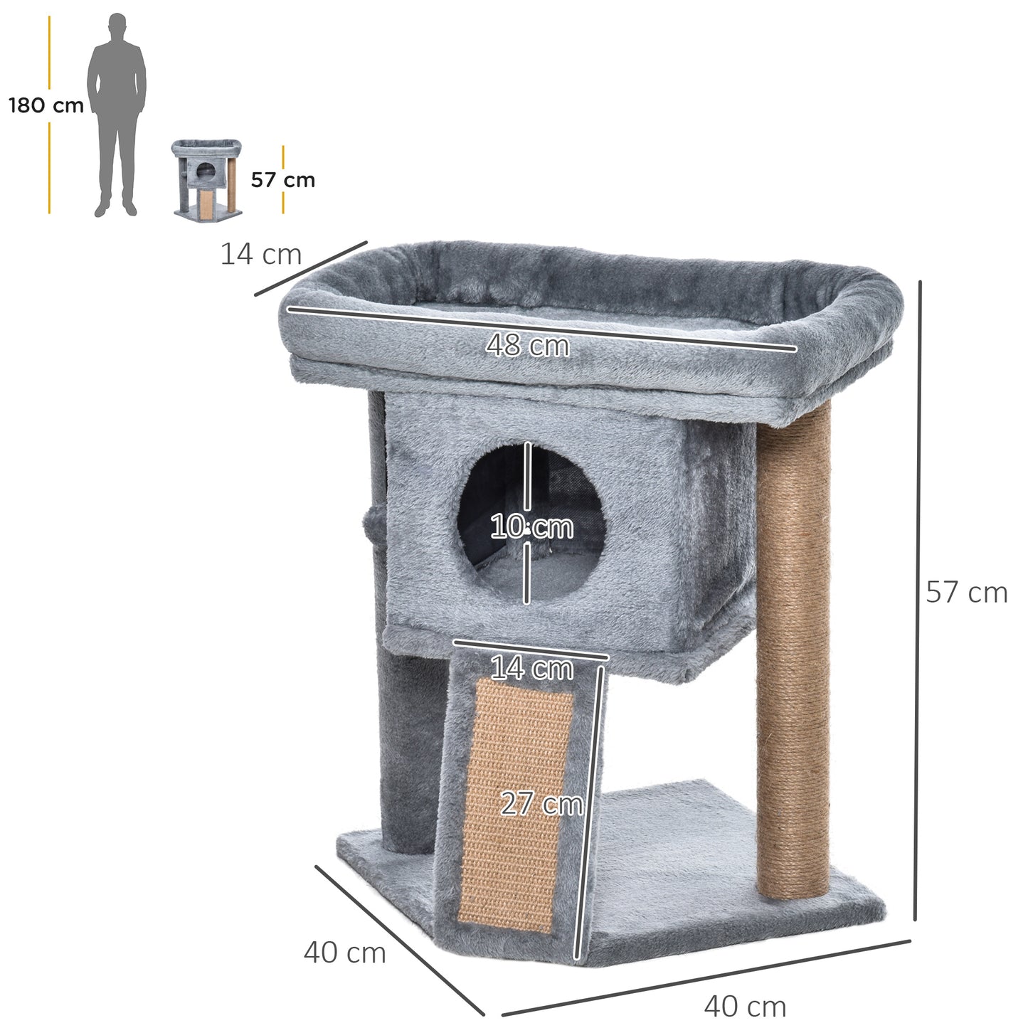 PawHut Kratzbaum 57 سم Kleiner Katzenbaum mit Katzenhöhle، Liegeplattform، Katzenkratzbaum mit Kratzbrett، Spielball، Katzenmöbel für Katzen bis 5 كجم Hellgrau
