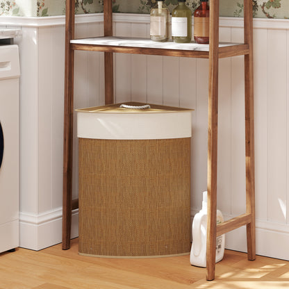 HOMCOM Wäschekorb im Eckdesign, Bambusgeflecht, 55 Liter, Stoffbeutel, Metallrahmen, Braun