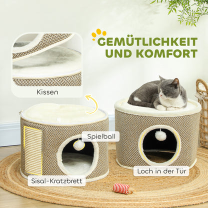 PawHut Katzenhöhle, 3 Etagen, Katzenhaus, Plüsch, Kissen, Sisal-Kratzbrett, Φ40 x 56H cm, Kaffee/Cremeweiß