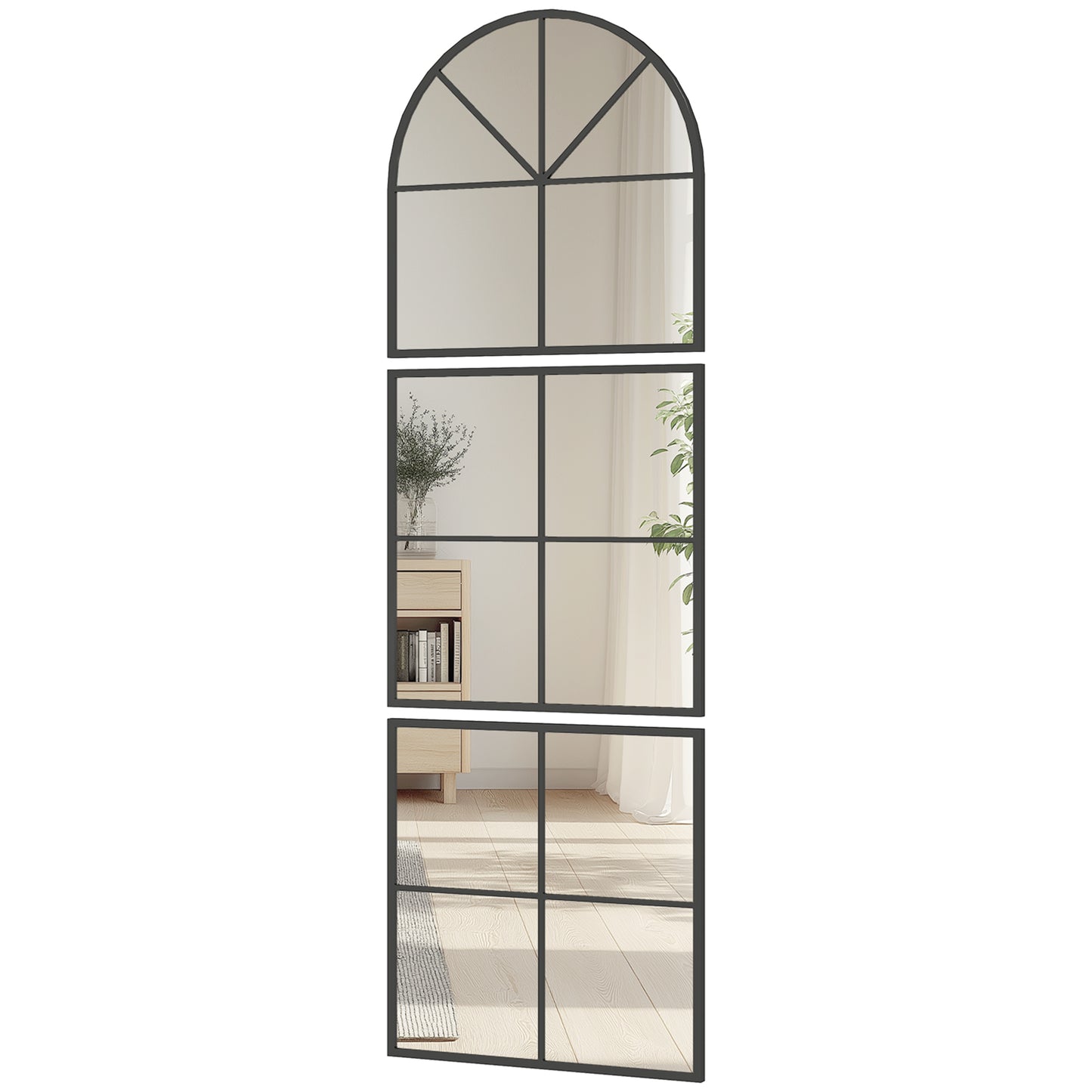 HOMCOM Wandspiegel dreiteilig, bogenförmiger Spiegel mit Metallrahmen, dekorativ 60 x 2 x 180 cm Schwarz