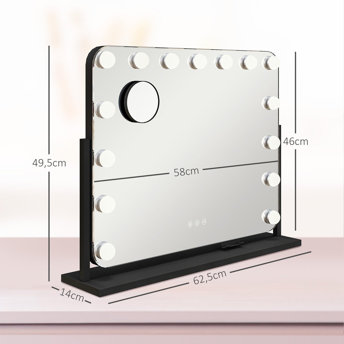 HOMCOM LED Kosmetikspiegel، 3 Lichtmodi، dimmbar، Touchsteuerung، USB، 62,5x49,5 سم، أسود