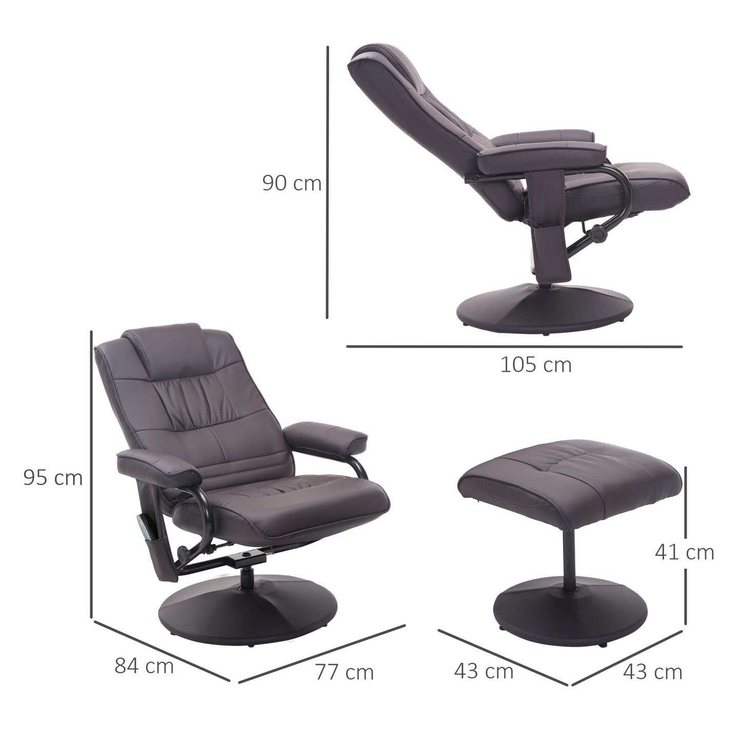 HOMCOM Massagesessel Relaxsessel, inkl. Fußhocker, 10 Vibrationspunkte, 1 Fernbedienung; 77 cm x 84 cm x 95 cm, Braun