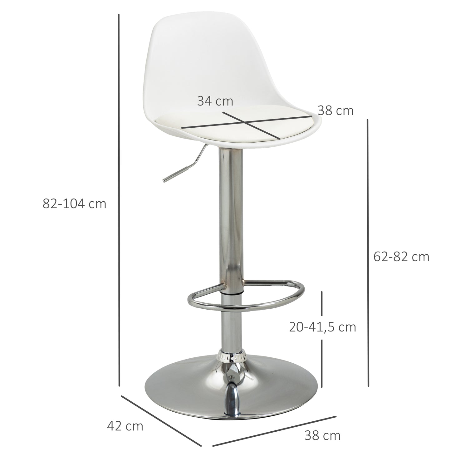 HOMCOM 2er-Set Barhocker, Barstühle, Drehstühle mit Lehne, höhenverstellbar, bis 120 kg belastbar, 38 x 42 x 82-104 cm, Weiß