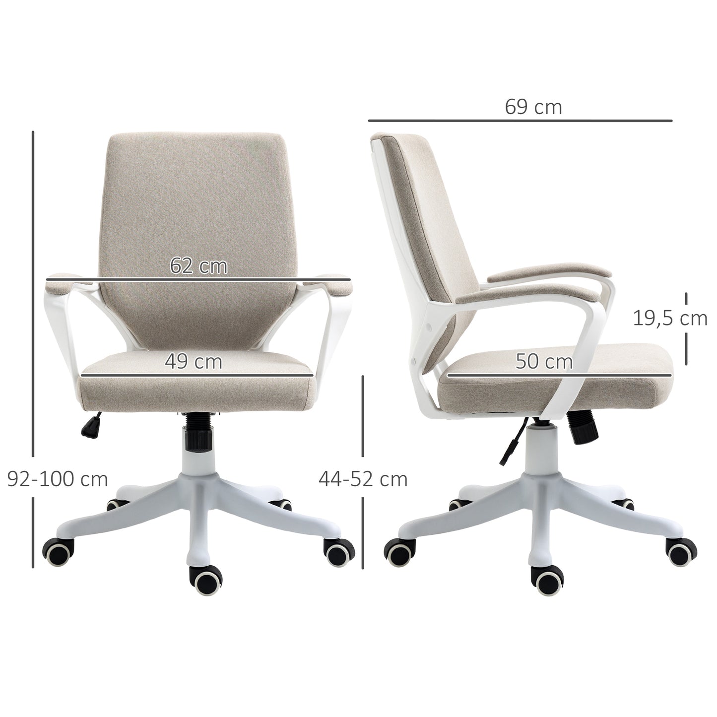Vinsetto Bürostuhl Schreibtischstuhl Home-Office-Stuhl mit Wippenfunktion Rückenlehne höhenverstellbarer dick gepolstert ergonomisch 360°-Drehräder Polyester Nylon PP Beige+Weiß 62x69x92-100 cm