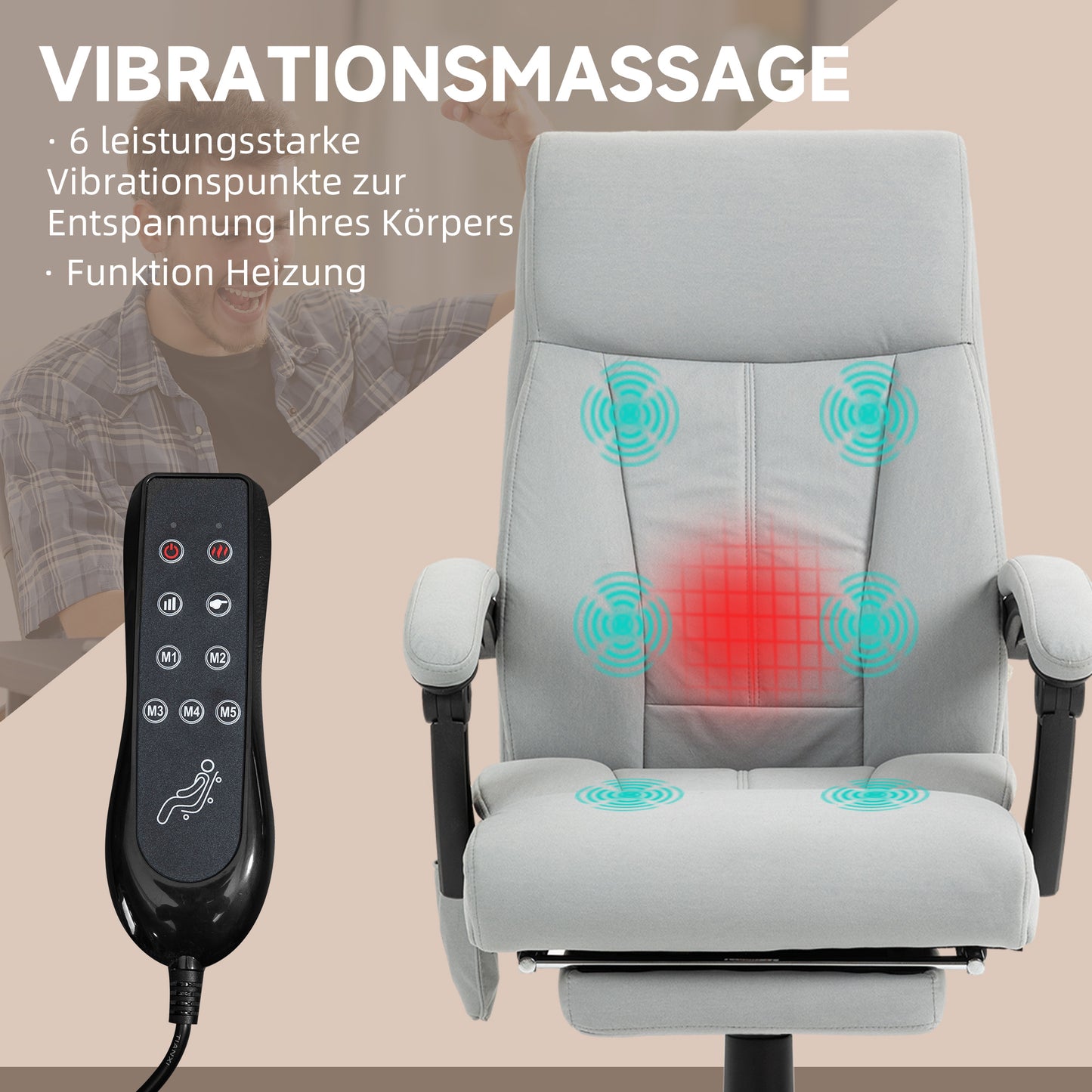 Vinsetto Bürostuhl mit Massagefunktion & Heizfunktion, Fußstütze, bis 120 kg, Grau
