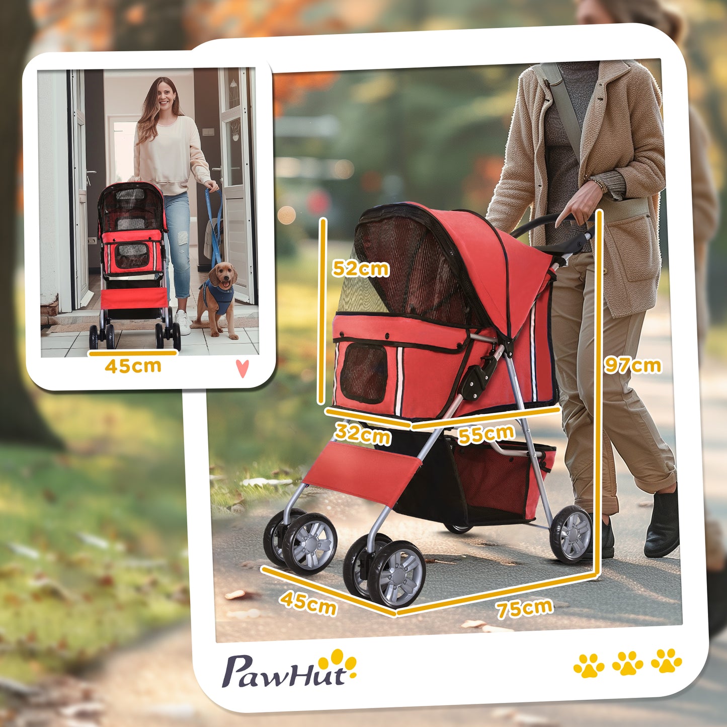 PawHut Hundewagen Hundetrolley bis 10 kg Klappbar mit Becherhalter Sonnendach Rot