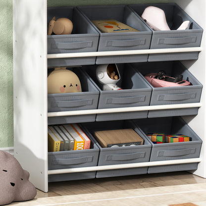 AIYAPLAY Kinder-Aufbewahrungsregal, Spielzeugschrank für Kinder mit 11 Stoffboxen, oberen Fächern, 3 Stickern, Weiß